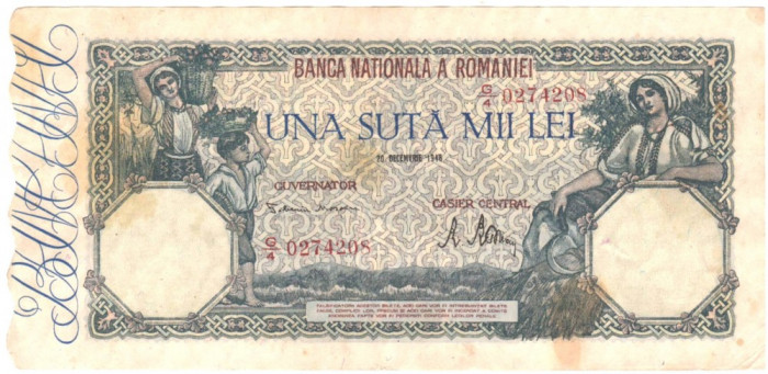 SV * Romania 100000 / 100.000 LEI 1946 , 20 decembrie XF+