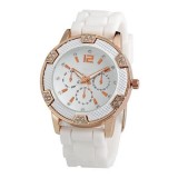 Ceas dama Fashion Geneva auriu gold curea alba silicon cristale + cutie cadou, Analog, Quartz