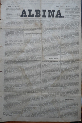 Ziarul Albina , nr. 22 , 1870 , Budapesta , in limba romana , Director V. Babes foto