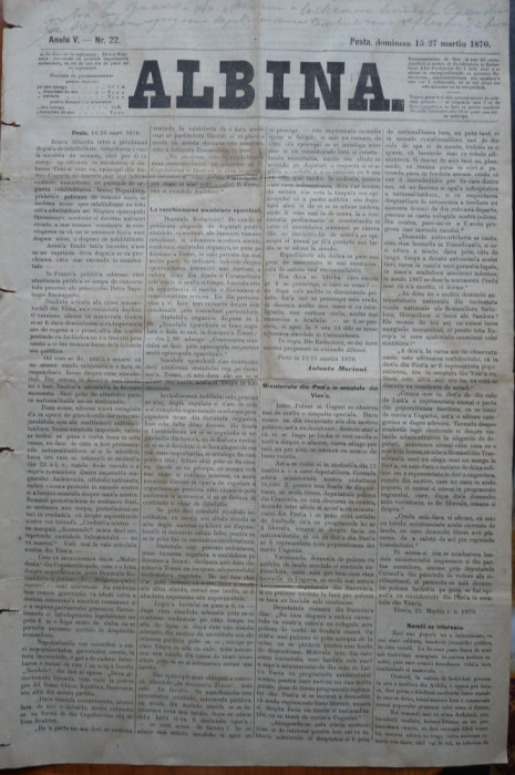 Ziarul Albina , nr. 22 , 1870 , Budapesta , in limba romana , Director V. Babes