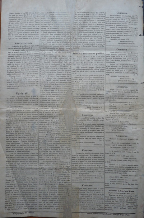 Ziarul Albina , nr. 25 , 1870 , Budapesta , in limba romana , Director V. Babes