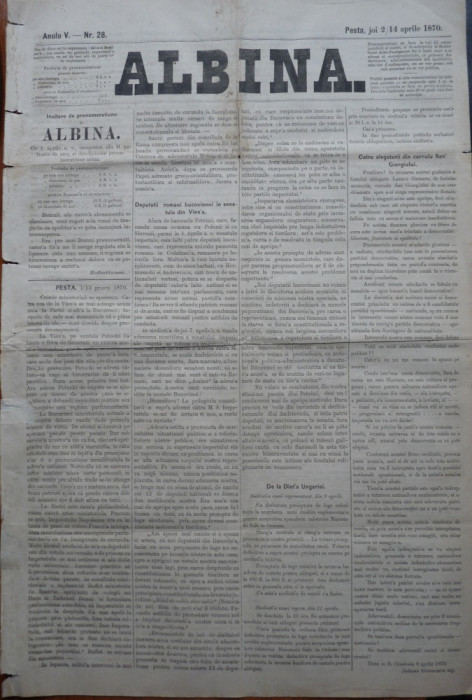 Ziarul Albina , nr. 28 , 1870 , Budapesta , in limba romana , Director V. Babes