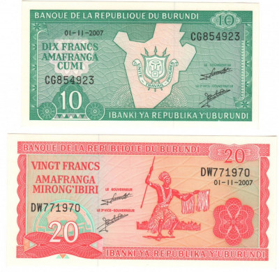 SV * Burundi LOT 10 si 20 FRANCI / FRANCS 2007 * AUNC++ foto