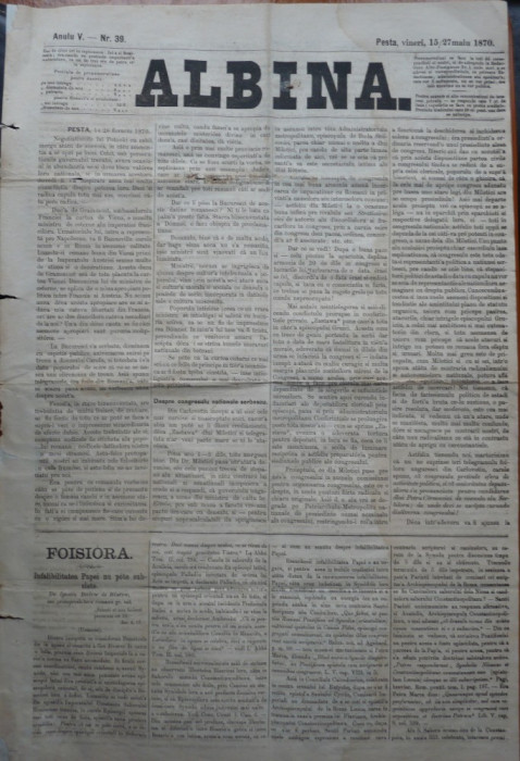 Ziarul Albina , nr. 39 , 1870 , Budapesta , in limba romana , Director V. Babes
