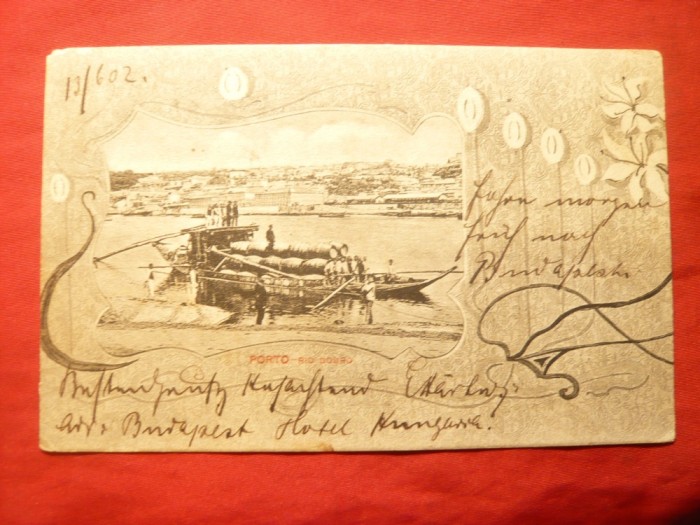 Ilustrata -Ambarcatiune pe Raul Douro ,Portugalia , circulat 1902