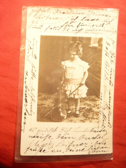Ilustrata- Fotografie- Fetita cu Vioara ,circulat 1911
