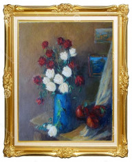 Leon Alexandru Biju (1880-1970) - Vas cu trandafiri, ulei pe carton - 2 foto