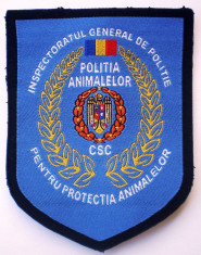 5.520 ROMANIA ECUSON IGP CSC PROTECTIA POLITIA ANIMALELOR 95/73mm foto