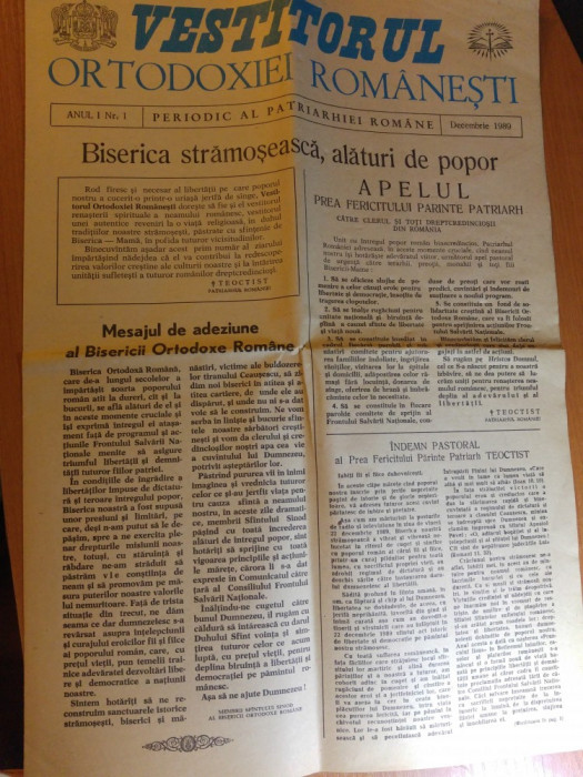 ziarul vestitorul ortodoxiei romanesti anul 1,nr. 1 decembrie 1989 ( revolutia )