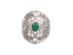Inel dantelat din argint cu o piatra de agat verde, 6.5 foto