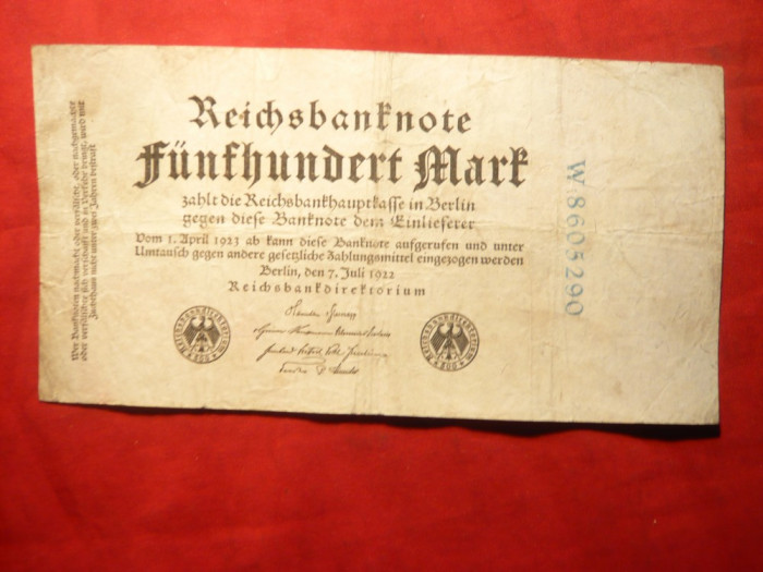 Bancnota 500 Marci unifata 1922 Germania , cal.medie