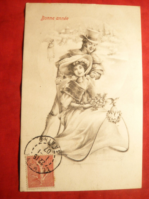 Felicitare An Nou - clasica Franta ,cu vigneta ,circulat 1907