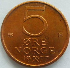 Moneda 5 Ore - NORVEGIA, anul 1977 *cod 2405 xf+ foto