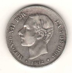 SV * Spania 2 PESETAS 1882 Regele Alfonso XII 10 grame ARGINT VF(+) foto