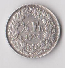 Moneda 1/2 franc 1934 - Elvetia, 2,5 g argint 0,8350 foto