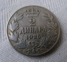 Moneda 2 dinari 1925 Iugoslavia - stare foarte buna, cu patina foto