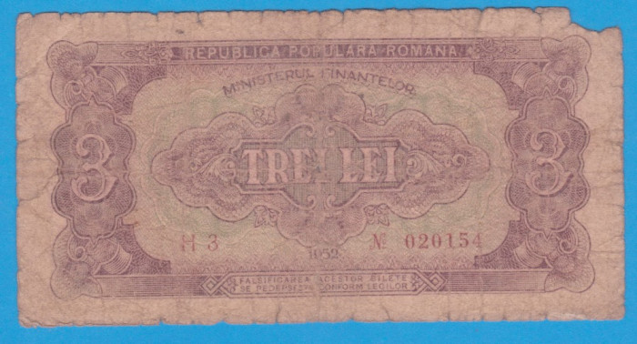 (6) BANCNOTA ROMANIA - 3 LEI 1952 - R. P. R. - SERIE ROSIE - RARA