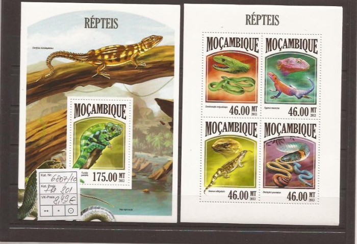 Mozambik - reptilien 6807/10+bl.801