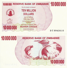 ZIMBABWE 10.000.000 dollars BEARER CHEQUE 2008 UNC!!! foto