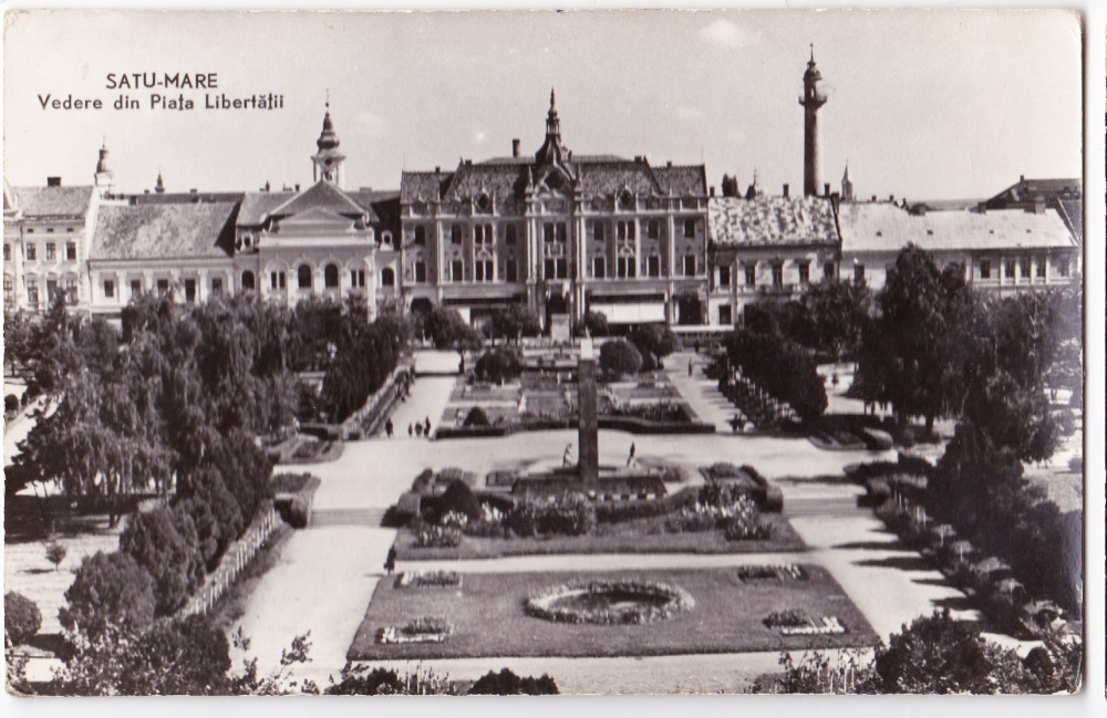 Satu Mare Piata Libertatii ilustrata postala animata circulata in 1962