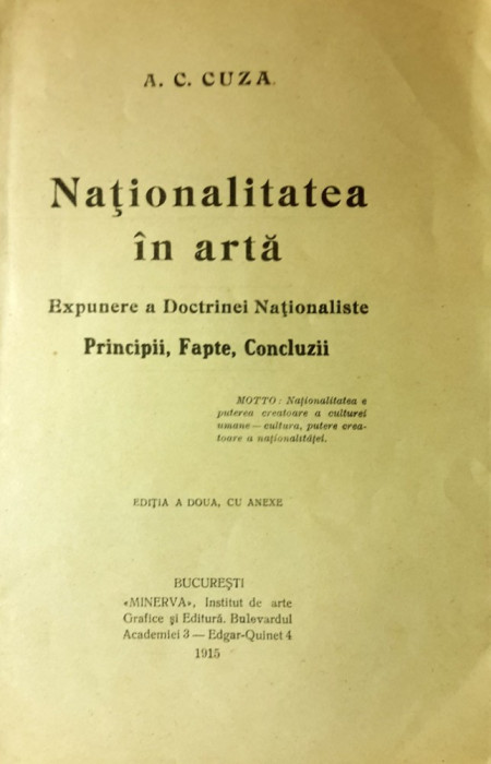 A.C.Cuza, Nationalitatea in arta, Bucuresti, 1915