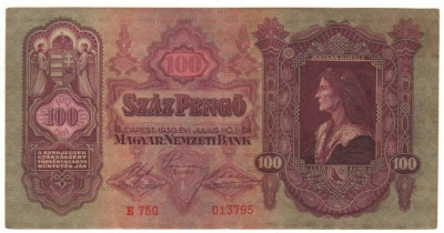 SV * Ungaria 100 PENGO / PENGEI 1930 * Regele MATEI CORVIN * +/- XF foto