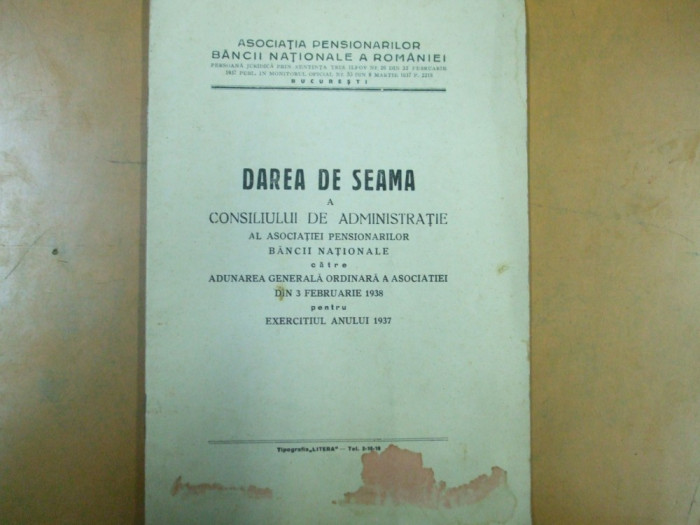 Asociatia pensionarilor din Banca Nationala a Romaniei BNR dare de seama 1937