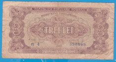 (24) BANCNOTA ROMANIA - 3 LEI 1952 - R.P.R. - SERIE DIN 1 CIFRA - MAI RARA foto