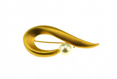 Brosa placata aur, gold plated 18 k, duble, anturaj faux pearl, design modernist foto
