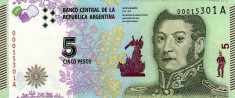 Argentina 5 Pesos (nedatata; circa 2015) P-New UNC !!! foto