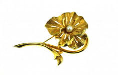 Brosa placata aur, gold plated 18 k, duble, model floare decorata perla, vintage foto