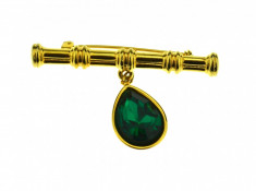 Brosa placata aur, gold plated 18 k, duble, anturaj cristal verde, model vintage foto