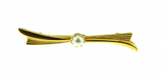 Brosa placata aur, gold plated 18 k, duble, model minimalist ac cravata, perla foto