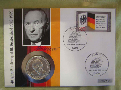 GERMANIA - Plic Filatelic si Medalie Adenauer 1949-1989 - UNC foto