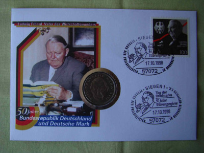 GERMANIA - FDC si Moneda 2 Mark 1988 Ludwig Erhard - 1998 foto
