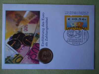 GERMANIA - FDC si Moneda 1 Euro 2002 - Euro als Zahlungsmittel - 2002 foto