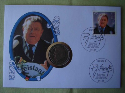 GERMANIA - FDC si Moneda 2 Mark 1990 F.J. Strauss - 1995 foto