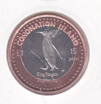 bnk mnd South Orkney Islands Coronation Island 15 pesos 1 pound 2015 unc bimetal foto