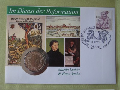 GERMANIA - FDC si Moneda 5 Mark 1983 - Martin Luther and Hans Sachs - 1996 foto