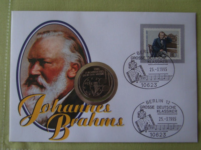 GERMANIA - FDC si Moneda 5 Mark 1985 - Johannes Brahms - 1995 foto