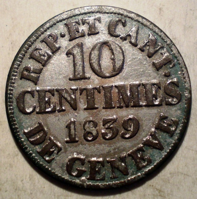 G.104 ELVETIA CANTON GENEVA GENEVE 10 CENTIMES 1839 XF BILLON