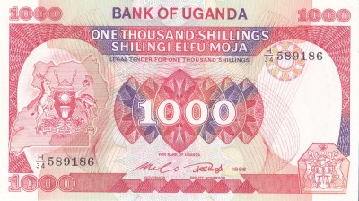 Bancnota Uganda 1.000 Shillingi 1986 - P26 UNC foto