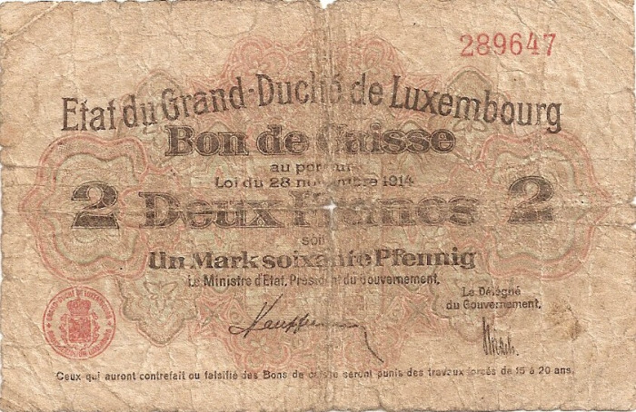 Luxemburg Luxembourg 2 Francs 1914 Uzata