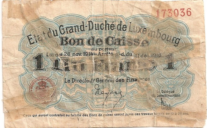 Luxemburg Luxembourg 1 Franc 1914-1918 Uzata