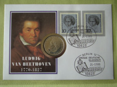 GERMANIA - FDC si Moneda 5 Mark 1970 Argint - Beethoven - 1995 foto