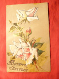 Ilustrata - Felicitare lucrata manual -Trandafiri ,circulat 1903, Circulata, Printata
