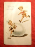 Ilustrata de Autor- Felicitare de Paste 1925 -Fetita iese din ou