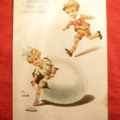 Ilustrata de Autor- Felicitare de Paste 1925 -Fetita iese din ou