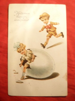 Ilustrata de Autor- Felicitare de Paste 1925 -Fetita iese din ou foto