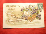 Ilustrata -Felicitare 1908 - Un baiser de Luluce , in relief , circulat, Circulata, Printata